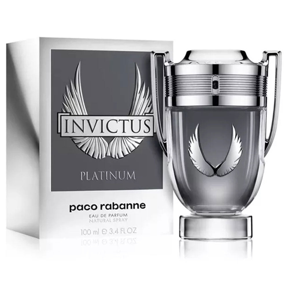 Invictus Platinum Edp bottle in metallic silver with modern design
